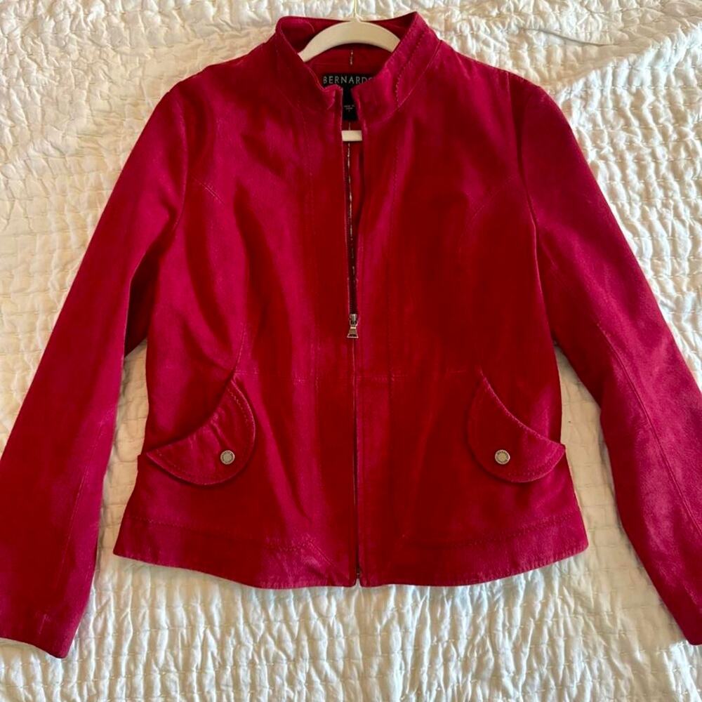 Bernardo genuine red leather suede zip front jacket mandarin collar large